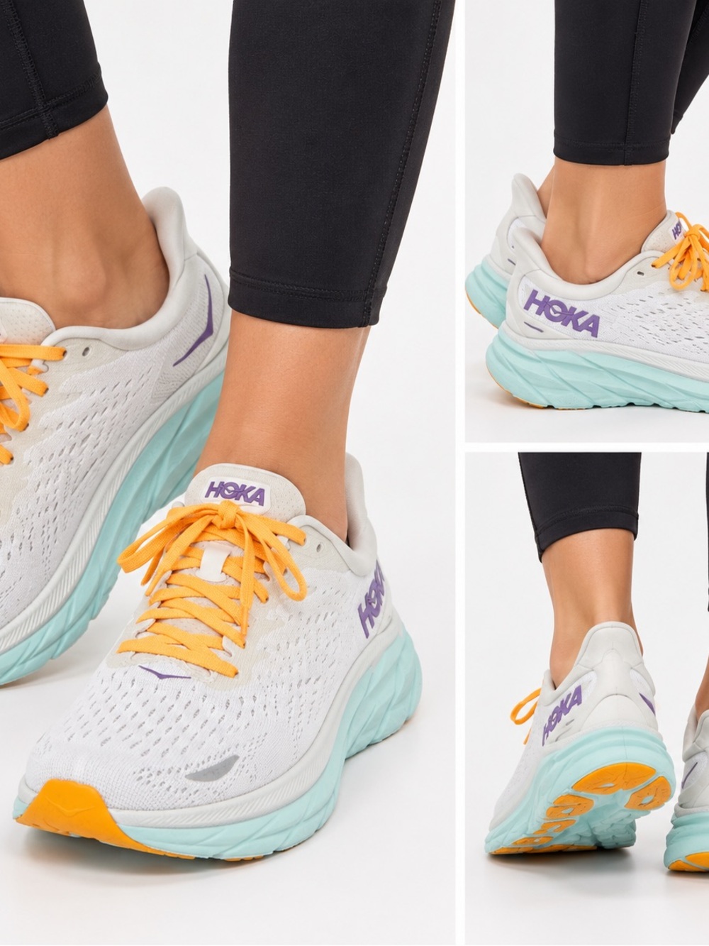 HOKA Women's White Running Shoes with Aqua Midsole, Purple Logo and Yellow Laces